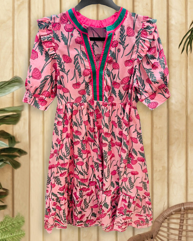 Floral Print Elegant Ruffled Shoulder Puff Sleeve Midi Dress