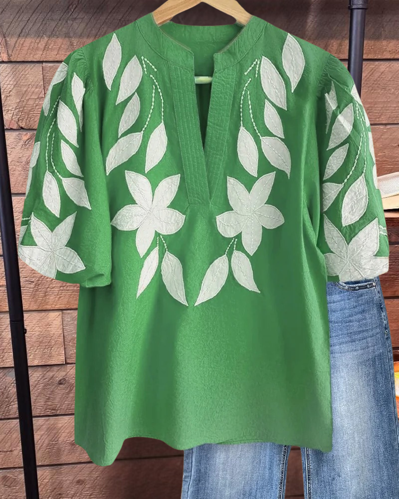 Floral Embroidery V Neck Puff Sleeve T-Shirt