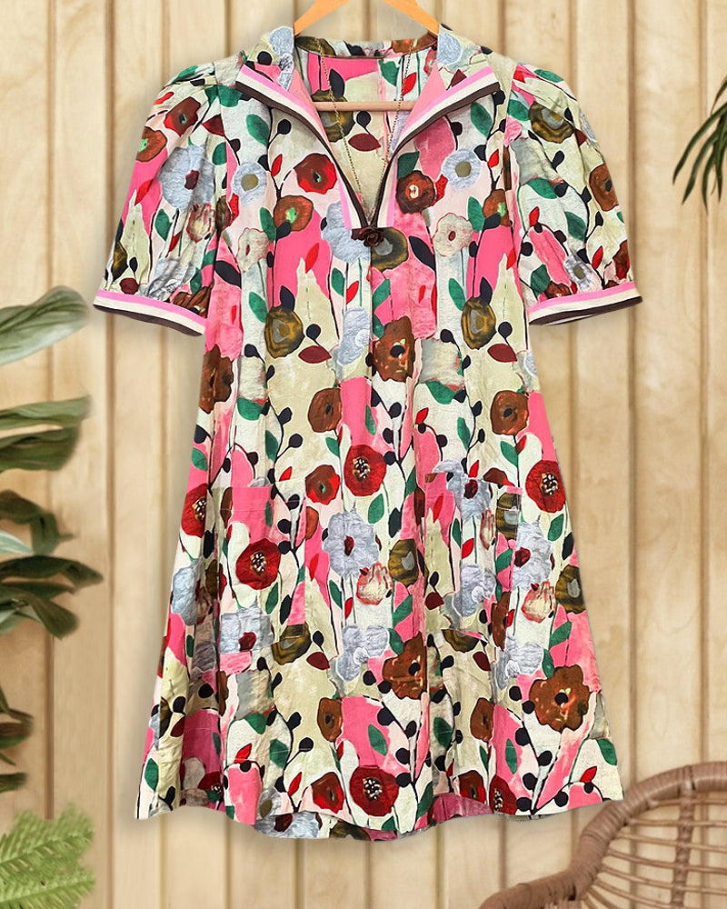 Floral Print Puff Sleeve Rocking Midi Dress