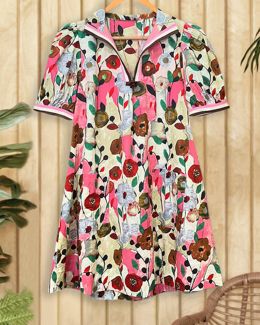 Floral Print Puff Sleeve Rocking Midi Dress