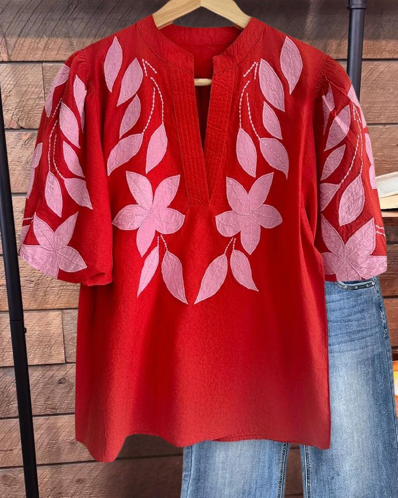 Floral Embroidery V Neck Puff Sleeve T-Shirt