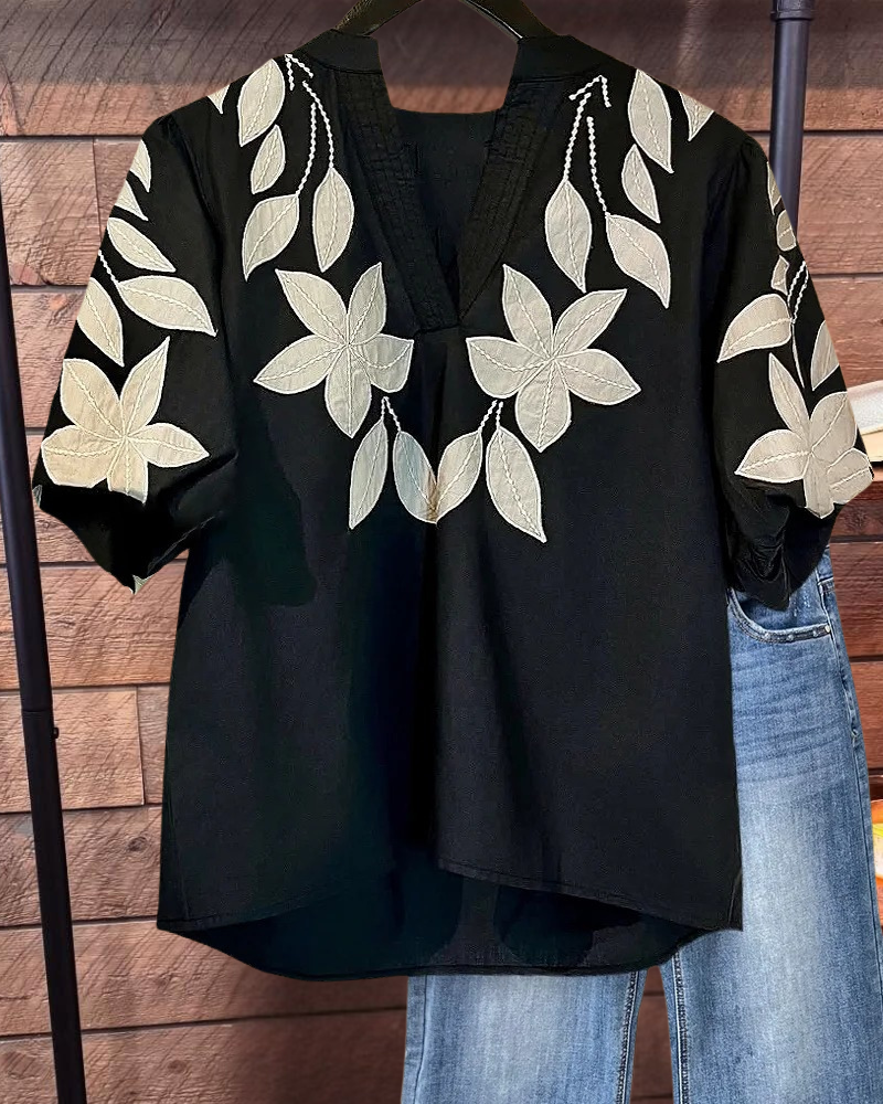 Floral Embroidery V Neck Puff Sleeve T-Shirt