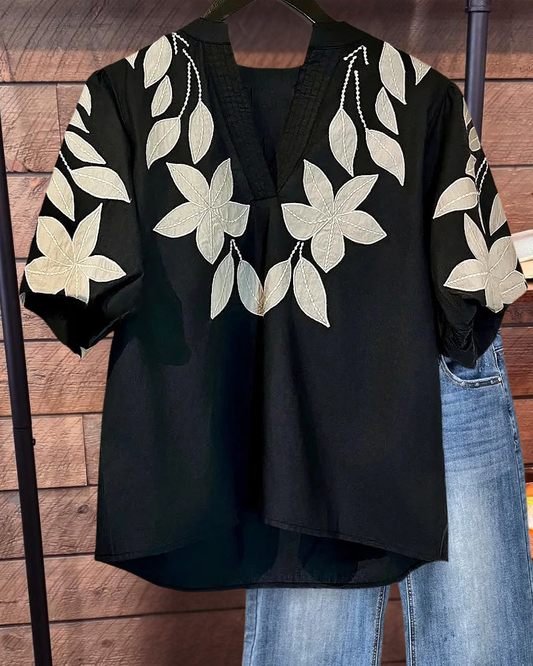 Floral Embroidery V Neck Puff Sleeve T-Shirt