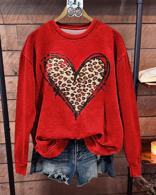 Leopard Print Heart Crewneck Sweatshirt